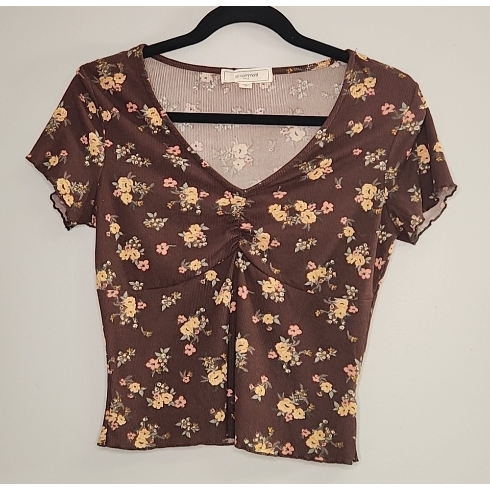 Y2K Brown Floral Baby Doll Short Sleeve Baby Tee Size Medium Cropped 90s Boho - Picture 1 of 11